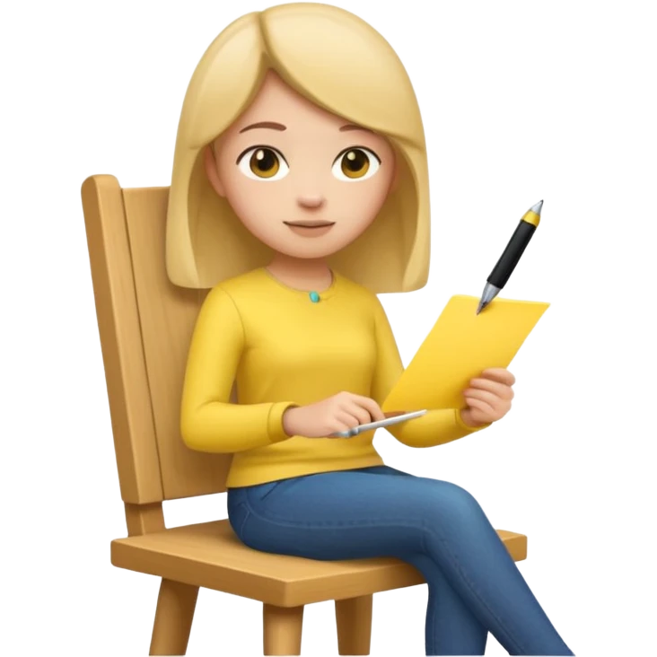 Memoji girl sitting on a chair writing on a sticky note emoji