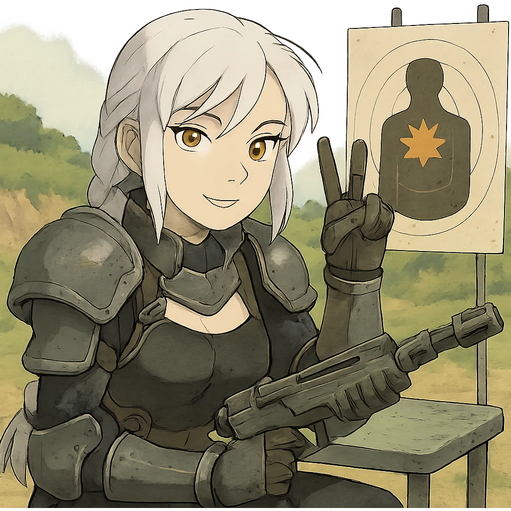  she is wearing armor, doing live-fire exercises at a safe and sanctioned training firing range with a maximum power blaster, except instead she's giving a victory salute, a closeup portrait of young woman with gold yellow eyes, white hair, long braid, black off-shoulder top d-cup, punk gothic style, futuristic cyberwave cyberpunk, sitting position
 emoji