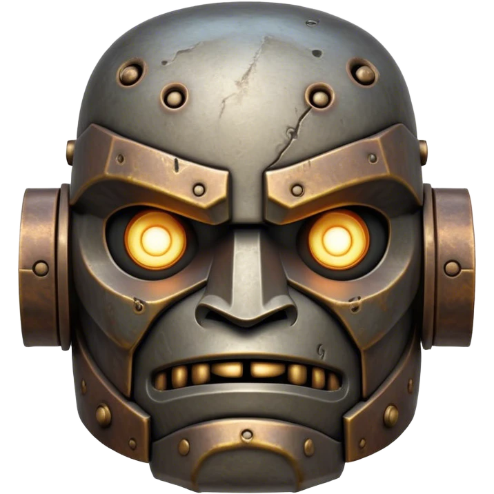 Cinematic Noble Mighty Iron Golem Portrait Emoji Poised and imposing, with a towering, metallic form forged from intricately detailed plates of burnished steel and ancient bronze, etched with faint traces of runes and weathered marks of time. Its piercing, glowing eyes radiate unwavering resolve, casting a solemn and commanding presence; rendered with lifelike texture and natural metallic highlights, high shine, elegant yet indomitable, styled with an aura of legendary endurance, focused and resolute, soft glowing outline, capturing the essence of an eternal guardian, standing vigilant and immovable as if ready to awaken at any moment with unstoppable might! emoji