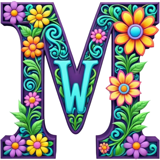 3D, gothic style psychedelic colored Letter W with hippie style flower border emoji