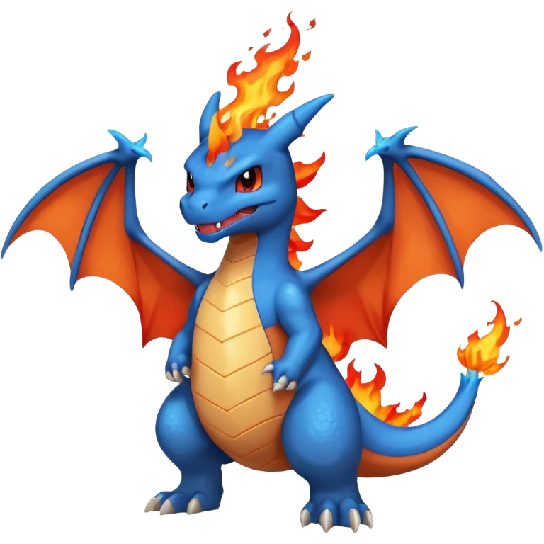 cute minimalistic charizard pokemon throwhing flames 2 horns, blue wings only on the inside part emoji
