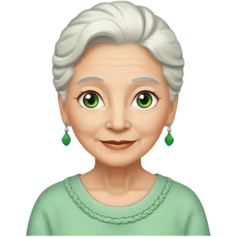 abuela con ojos verdes, pelo blanco, pelo blanco y amarrado, aspecto feliz emoji