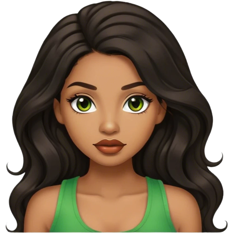 light brown skin tone, very beautiful woman, with big plump lips, long long lashes, black long wavy hair, middle hair parting, brown eyes, green tank top emoji