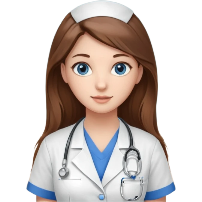 university classroom that says nursing school on the board with a pretty female nursing student with long brown hair, blue eyes emoji