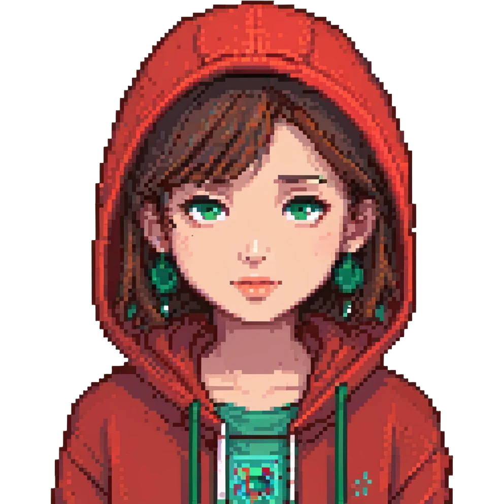 A pixel art girl with brown eyes, short brown hair without bangs, and a septum piercing, wearing a red hoodie. emoji