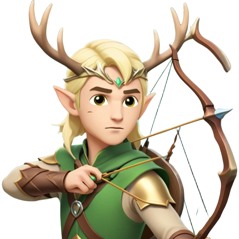 clash-of-clans-aesthetic-blond-male elf-archer-portrait-emoji, rendered in a flat, vector-style with minimal shading and bold holding his bow, simplified shapes, head tilted slightly forward with a determined, focused expression, riding a majestic stag whose antlers glow with mystical energy, set against an ancient, enchanted forest backdrop. emoji