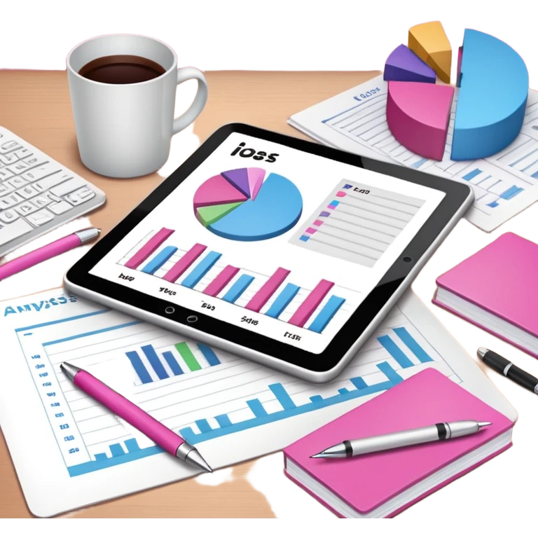 tablet on a desk with papers and pens showing data analysis stuff on it pink emoji