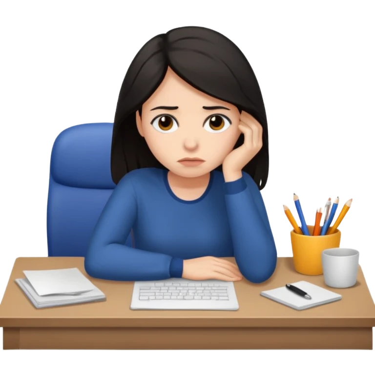  iOS emoji style - An sad and overwhelmed woman sitting at a desk. She has dark hair. emoji