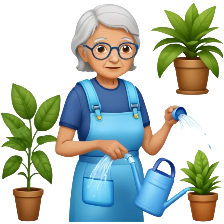 Old woman wearing a water pack watering house plants emoji