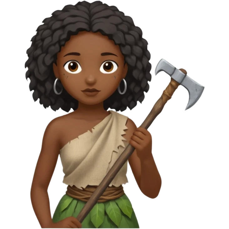 ancient black girl, tattered leaf cloth, hold broken stone ax emoji