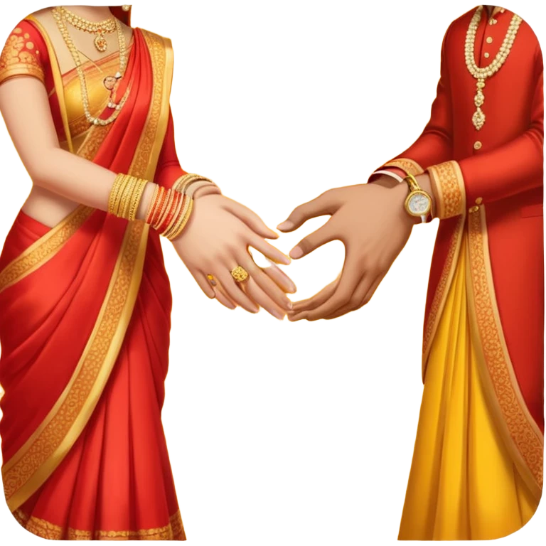 Two hands in a engagement..One hand of groom and one hand of bride. Bride hand - red/yellow saree. groom- light orange punjabi (oonly hands will be visible in the image). Groom's hand is holding a ring emoji