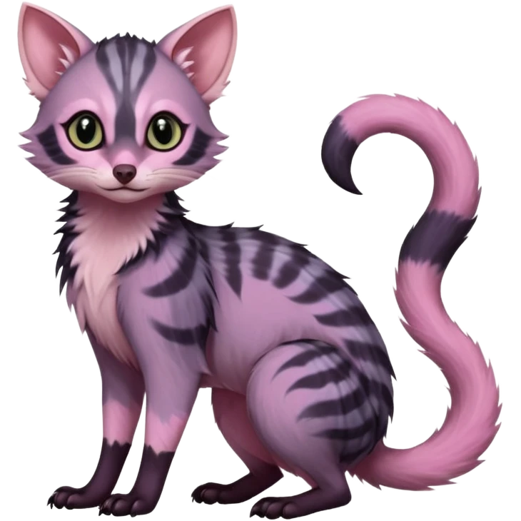 Deep dark pastel bright whitish pale Violet-pink-gradients with darker points Asian painted anime-styled big-eyed shiny glorious divine marked exotic cool beautiful realistic Lykoi-civet-genet-sergal-ocicat-oncilla-animal-Fakémon-hybrid-fursona (full body) emoji