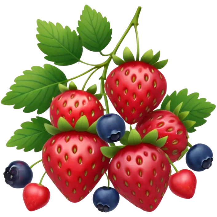 small cluster of mixed berries: strawberries with green tops, raspberries, red currants on a stem, and blueberries, realistic, 3D, no faces, no bowl, transparent background emoji