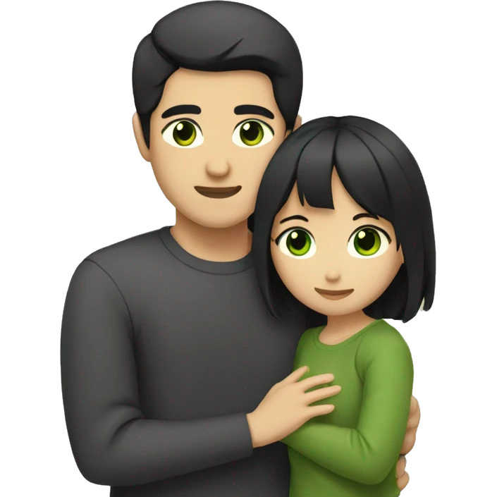 Asian man with black hair and green eyes hugging girl with a dark brown hair and eyes emoji