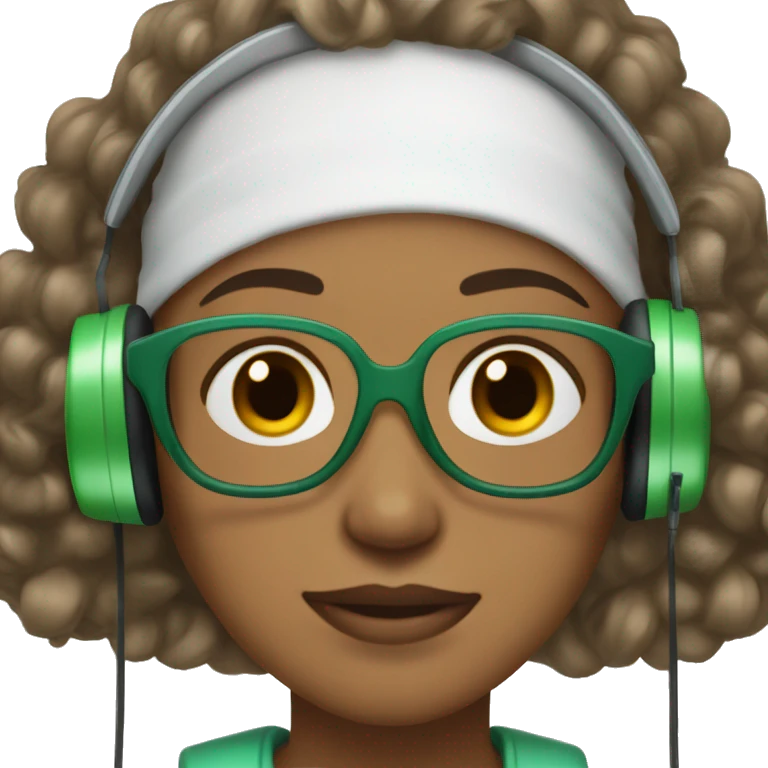 a woman with light brown skin, black eyes and black short curly hear, wearing white headphones and glasses with a green frame, small freckles emoji