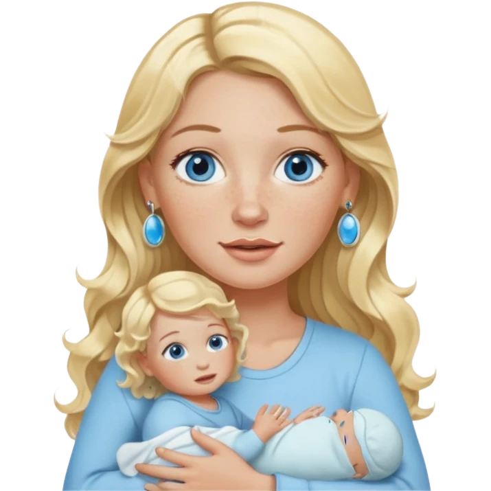 Wavy blonde, white woman with blue eyes, freckles hoop earrings, holding babies emoji