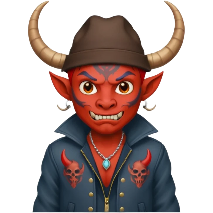 red demon with tattoos, hat, jacket and horns emoji