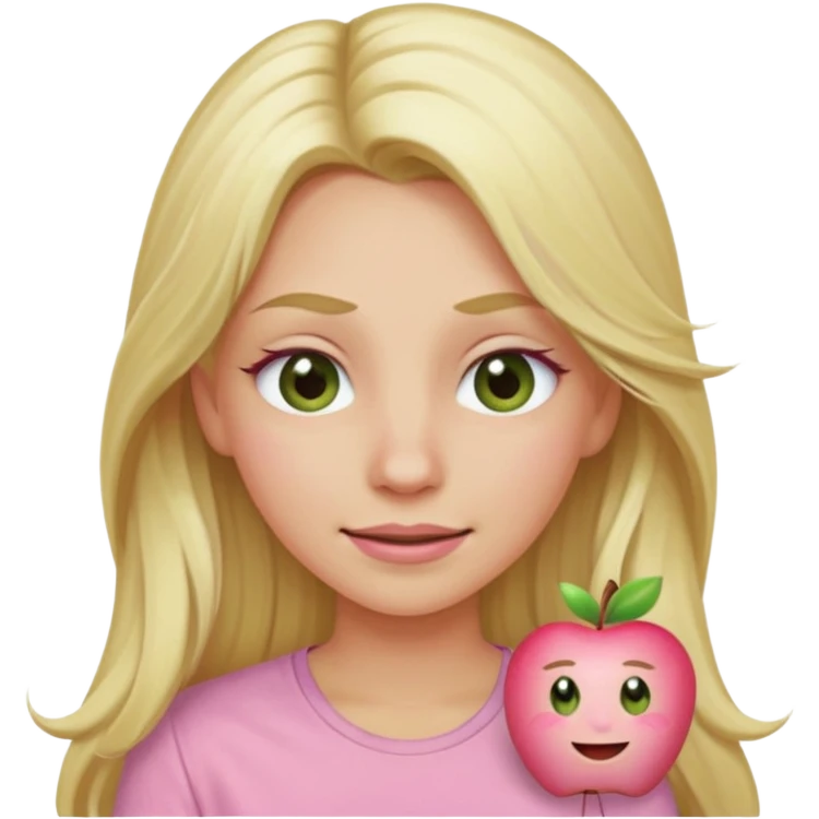 blonde with long hair and swamp-colored eyes, wearing a pastel pink shirt, winking, iOS Apple emoji style emoji
