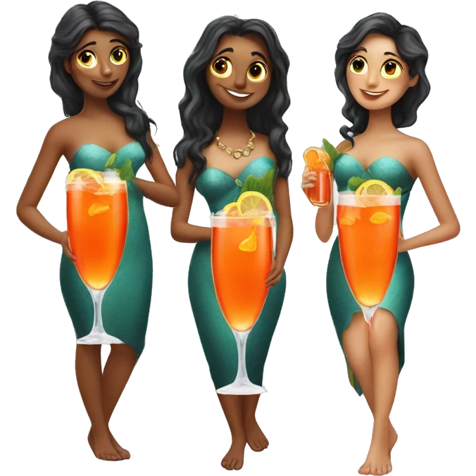 Three beautiful meermaids drinking aperol  emoji