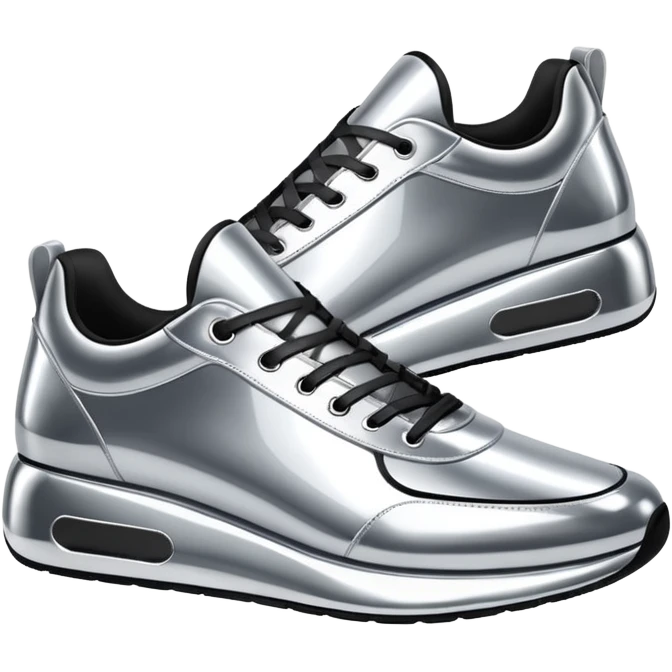A pair of futuristic sneakers emoji made of silver chrome, sleek streetwear design, smooth metallic panels, subtle reflections, luxury swag aesthetic, iOS emoji style, centered, clean white background emoji