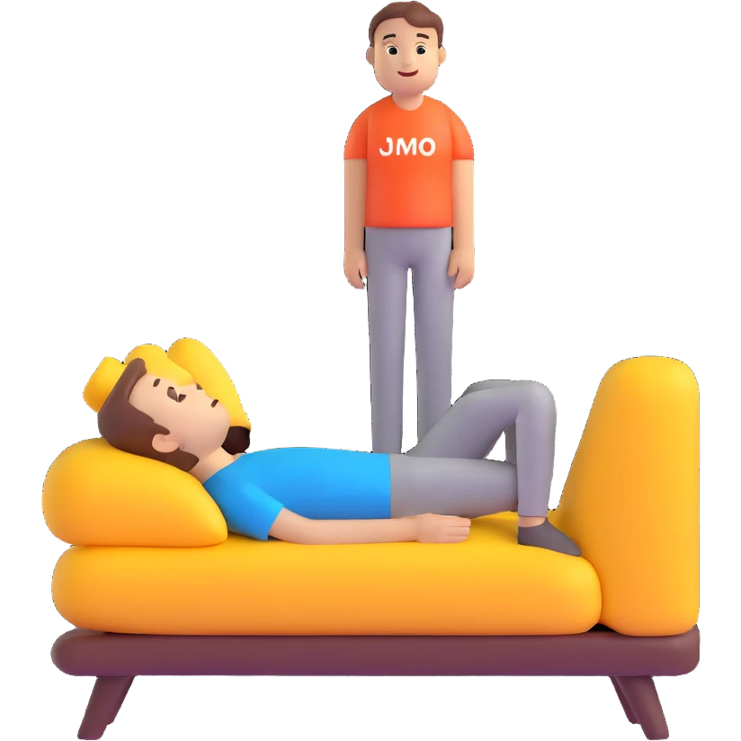 Slack emoji for JOMO (joy of missing out), showing a relaxed person enjoying solitude, with the acronym 'JOMO' clearly included, modern emoji style emoji