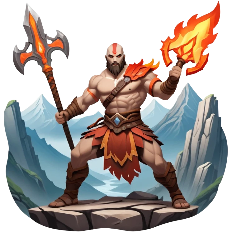 An icon showing a powerful warrior wielding a weapon, inspired by God of War: Ragnarok. The design captures the character’s strength, with dynamic motion lines. A fiery, mythological background with mountains and ruins enhances the epic atmosphere. Transparent background. emoji