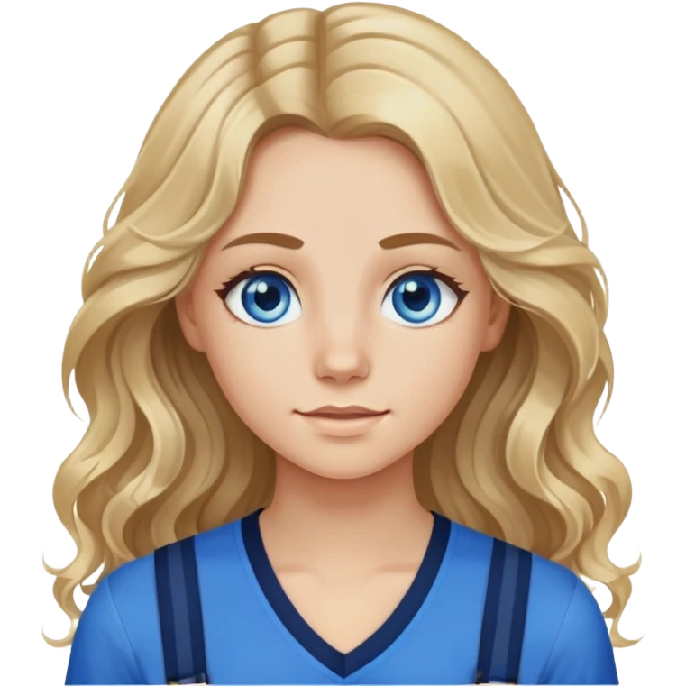 Realistic portrait of a girl with bright blue eyes long wavy dirty blond hair with blond highlights a navy blue v neck long sleeve shirt and blue braces emoji