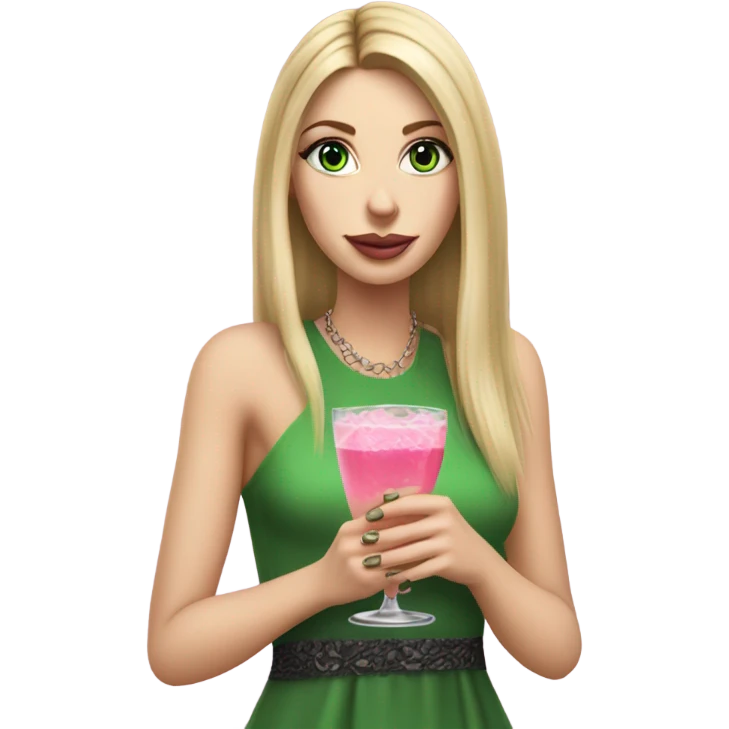 Realistic White girl with Long straight blonde hair, green eyes, tattoos, full body wearing dress and High heels, holding pink drink emoji