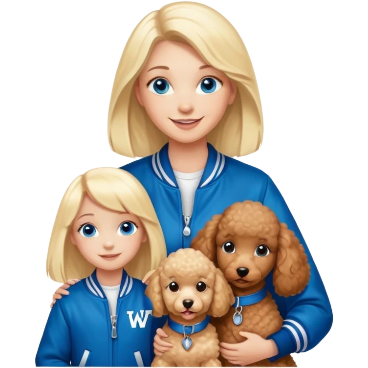 smiling mother in letterman jacket with W and Blue eyes, two Little girls Long blond straight hair and Blue eyes and one brown poodle puppie emoji