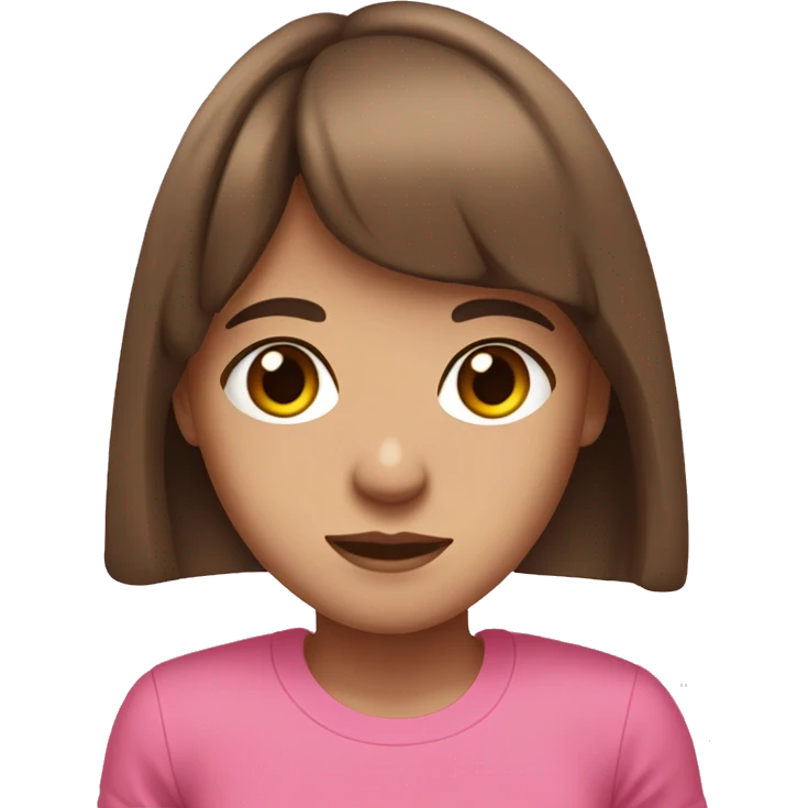 14-year-old girl with long brown hair and bangs brown and big eyes With tight pink t-shirt and a freckle on the right chek emoji