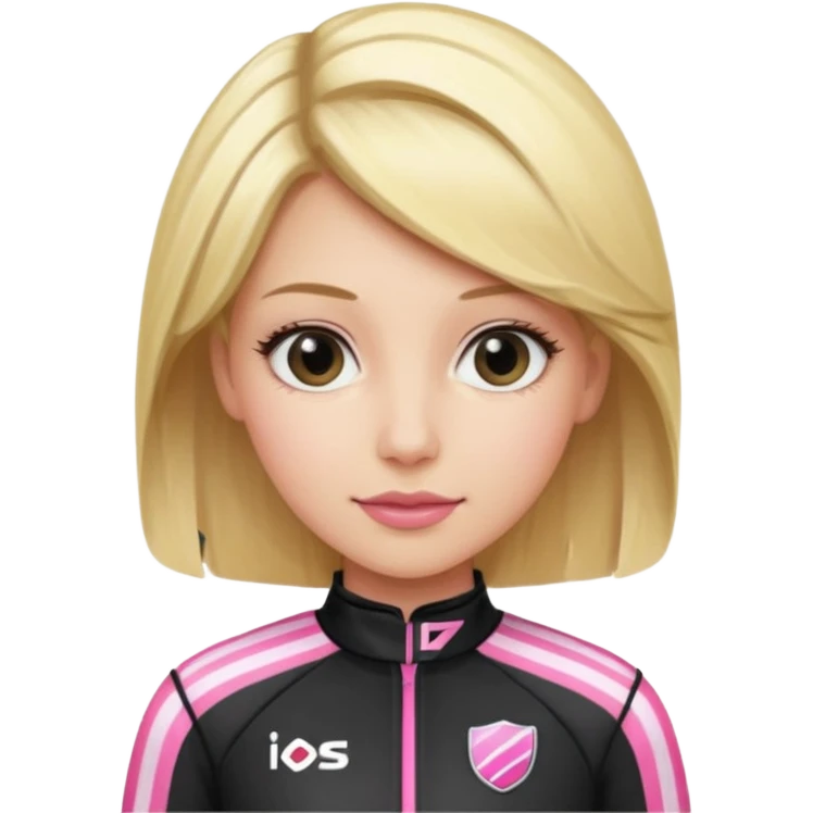 blonde woman with black racing outfit with pink strips emoji
