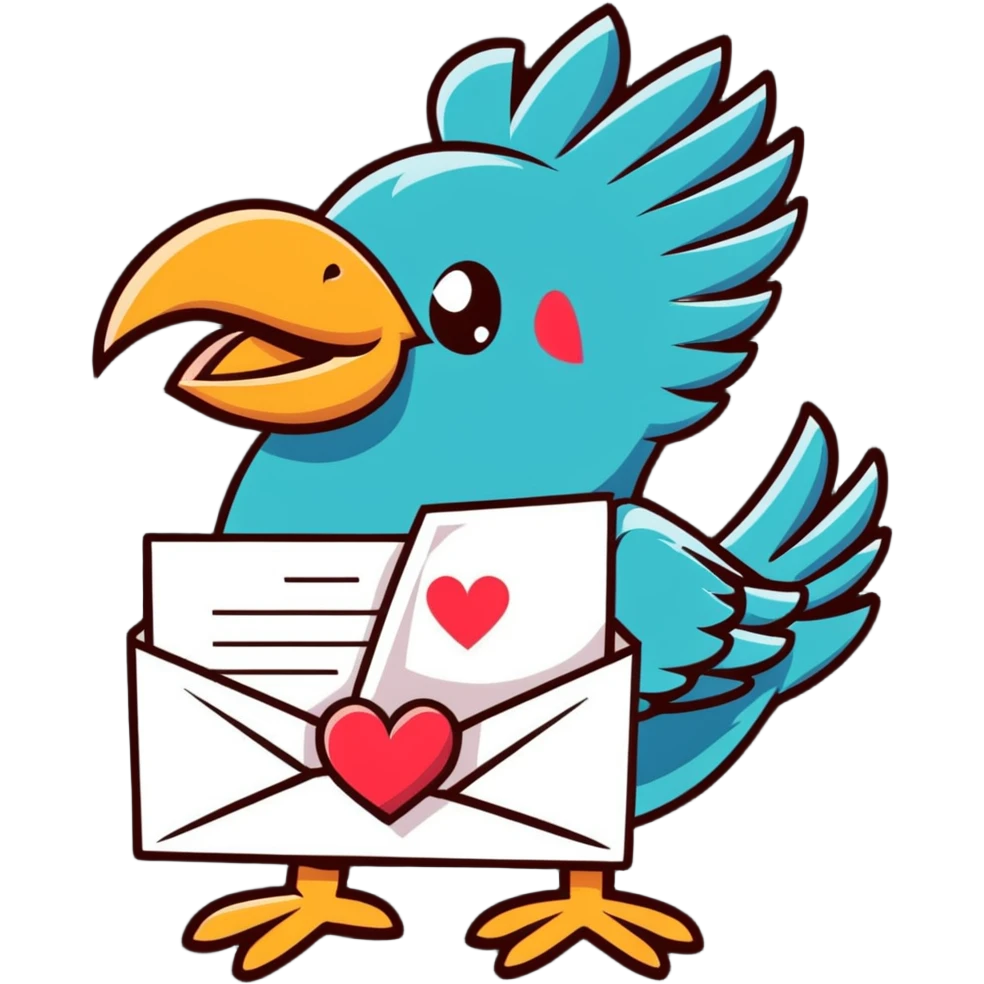 Mayan style bird carrying mail, love letter with heart, envelope with message, all with clean geometric lines emoji