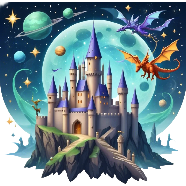 Icon for Fantasy and Sci-Fi Movies: A magical collage with flying dragons and futuristic spaceships. Stars and planets shimmer in the background with a mystical castle Hogvards and an ancient wizard holding a staff. The atmosphere is epic, otherworldly and adventurous. Transparent background. emoji