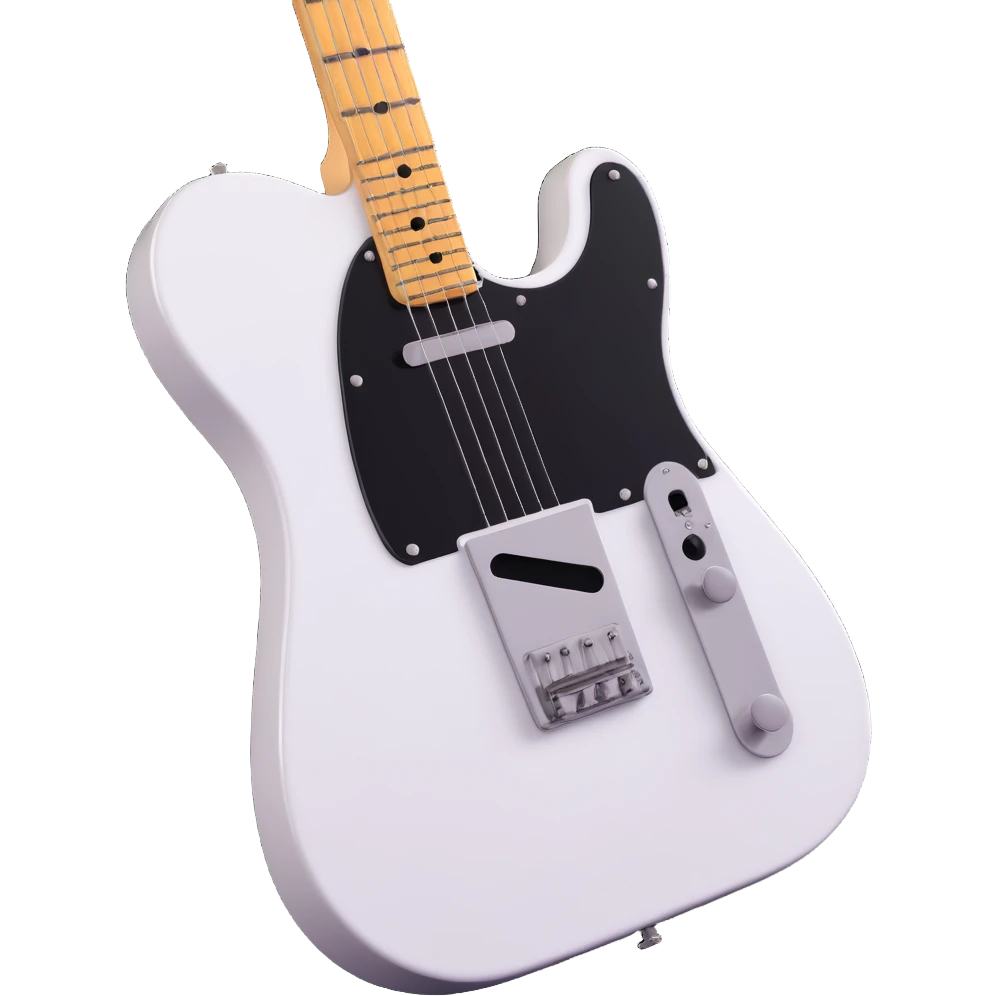A Telecaster type guitar with a white body and black pickguard, designed in a simple, friendly, emoji style with 3D depth and no background. emoji