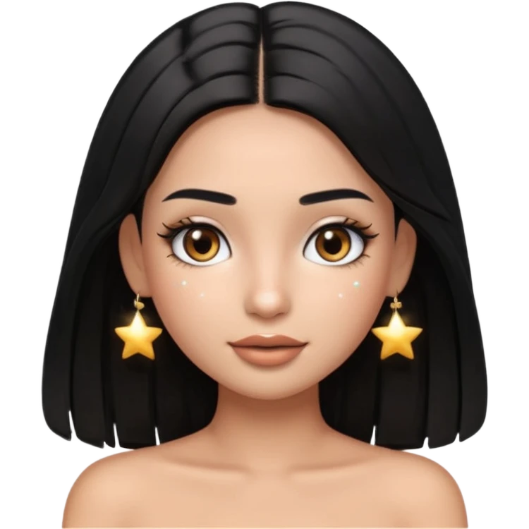 pretty cartoon girl, semi-realistic 3D emoji style, long middle parted straight black hair, tan skin, brown eyes, long eyelashes, soft glam makeup, glossy lips, smooth skin, cute aesthetic, sparkles in hair, white tube top emoji
