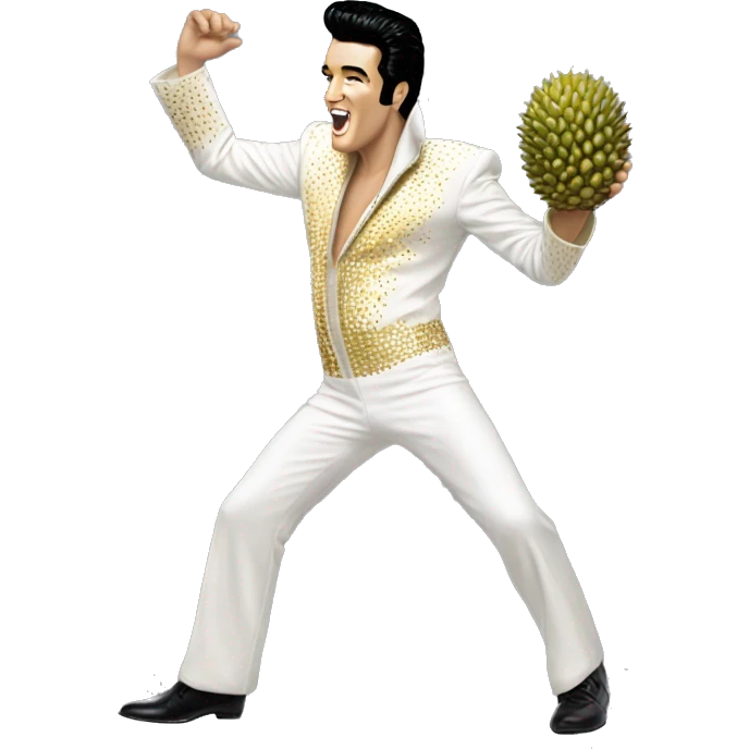 Elvis Presley wearing a white and gold jumpsuit with black shoes in a dancing pose, A hand holding a large durian emoji