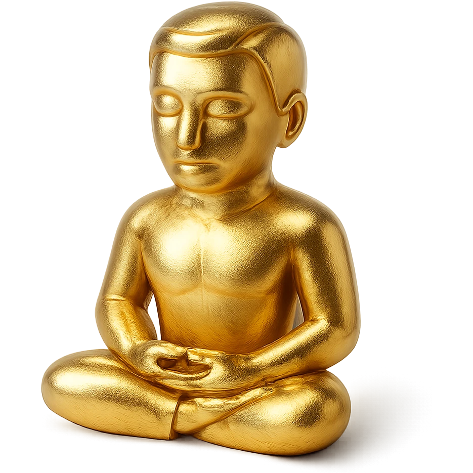 stylized gold figure of a man meditating in the lotus position, eyes closed, gold objects style emoji
