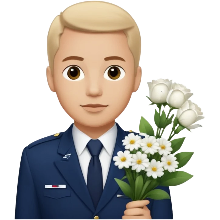 Homme avec bouquet fleurs blanches, avec uniforme bleu foncé cravate rouge comme Air France  emoji
