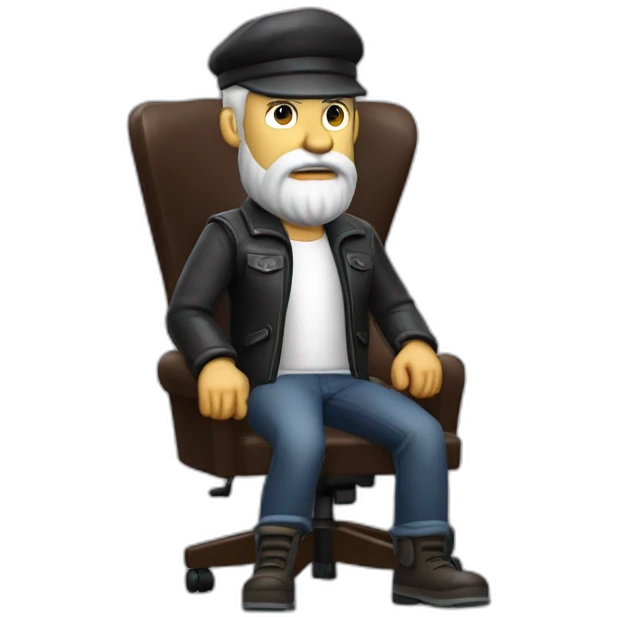 biff wiff santa beard wearing a leather jacket and a driver cap sitting in a directors chair looking angry(full body, ios17) emoji