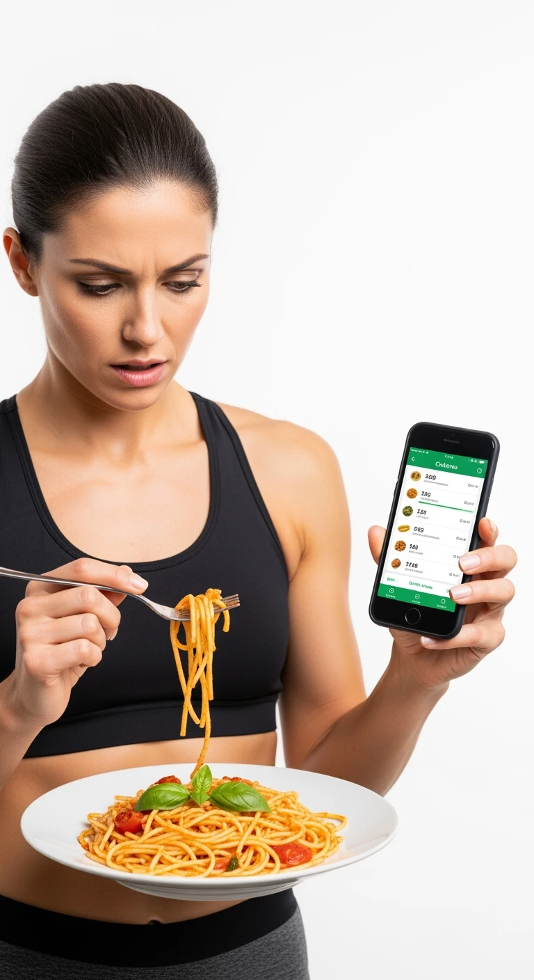 donna fitness che calcola ossessivamente le calorie di quello che sta mangiando: in mano ha un piatto di pasta e nell'altra mano ha lo smartphone per segnare tutti gli alimenti, sfondo bianco emoji
