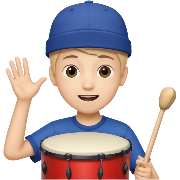 A young boy with a cap, wearing team colors, banging a small drum excitedly. emoji