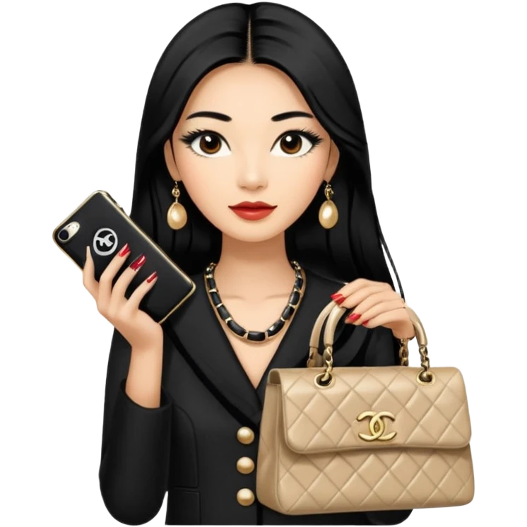 on est à Dubaï une chinoise avec des très très très beaux ongles et des très très très long  faux cils avec des sacs Chanel et un vêtement Chanel emoji