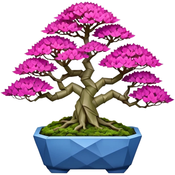 Futuristic wild et alien moss maples Bonsai hair-fine-leaf group crimson crystal azalea purple and cream pink blue informal forest planting in shallow slab origami style pot  emoji