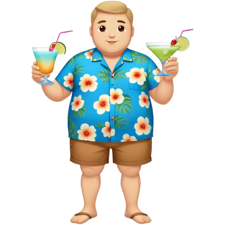 chubby guy full figure in a flowered azure havai shirt, brown shorts and flippers holding a cocktail emoji
