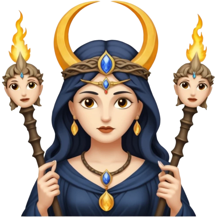 The goddess Hecate with 3 heads holding two torches the front head with a crescent moon on forehead emoji