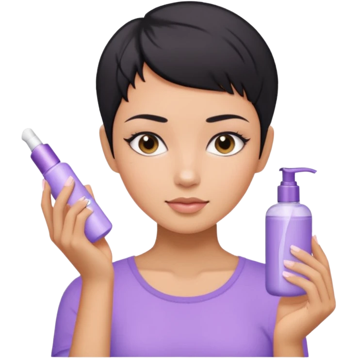 tan girl with pastel purple shirt with black hair & a pixie, doing her skin care emoji