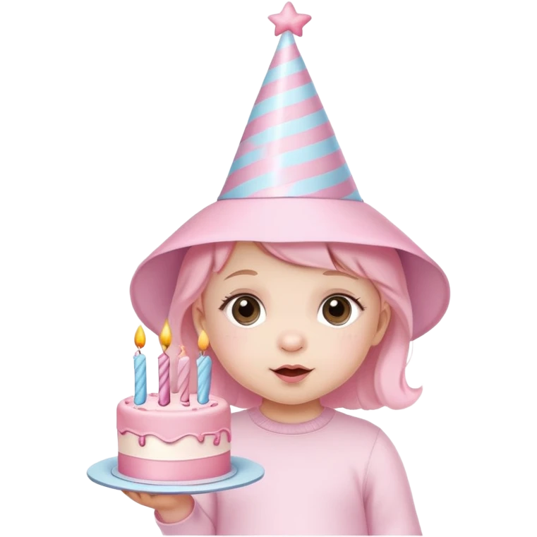 cute baby girl with pastel pink birthday hat and pink birthday cake emoji
