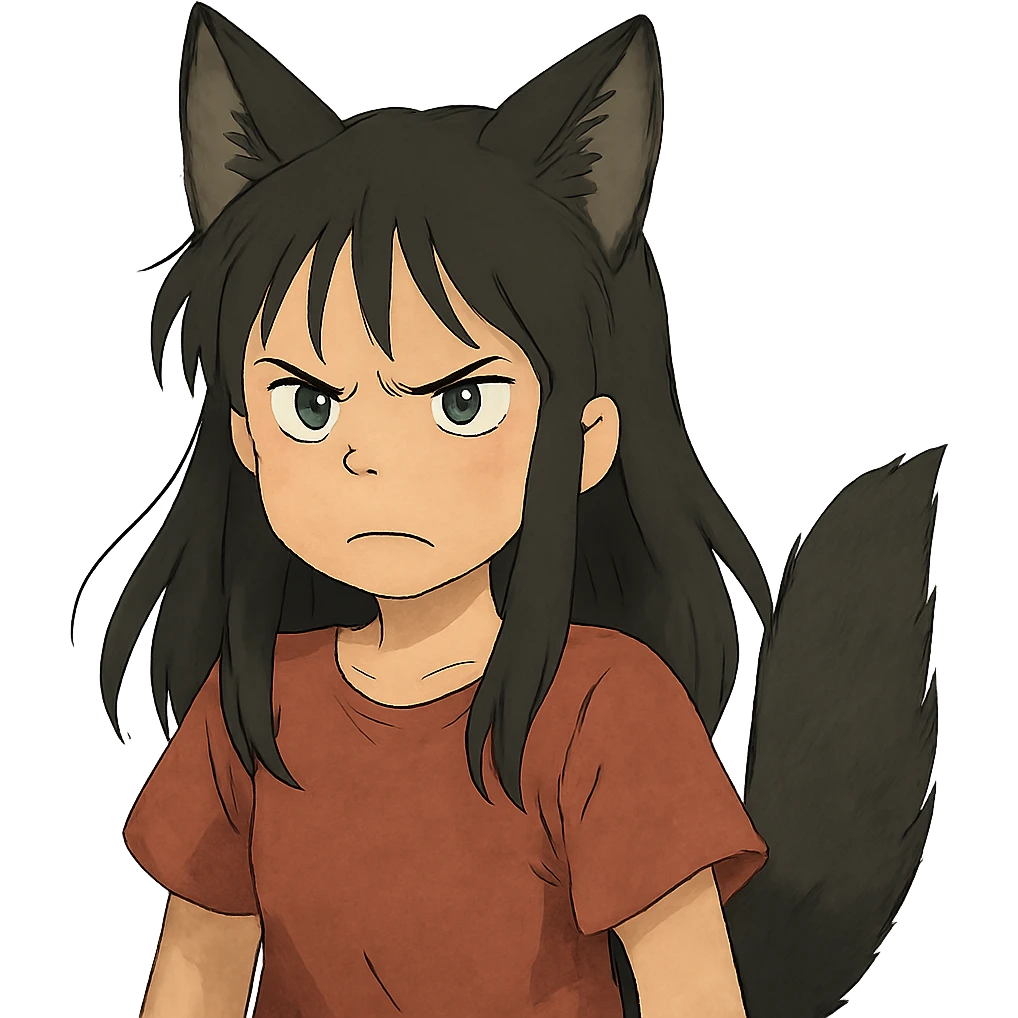 A girl with black fox ears and a tail, green eyes, dark hair, looking angry emoji
