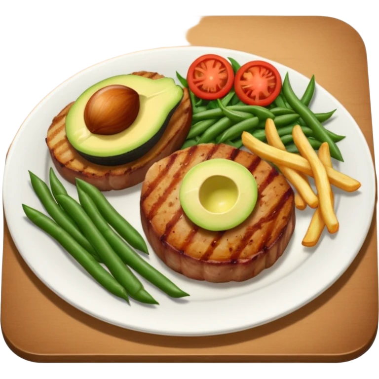 pork chops, fries, tomato onion salad, beans, and avocado  emoji