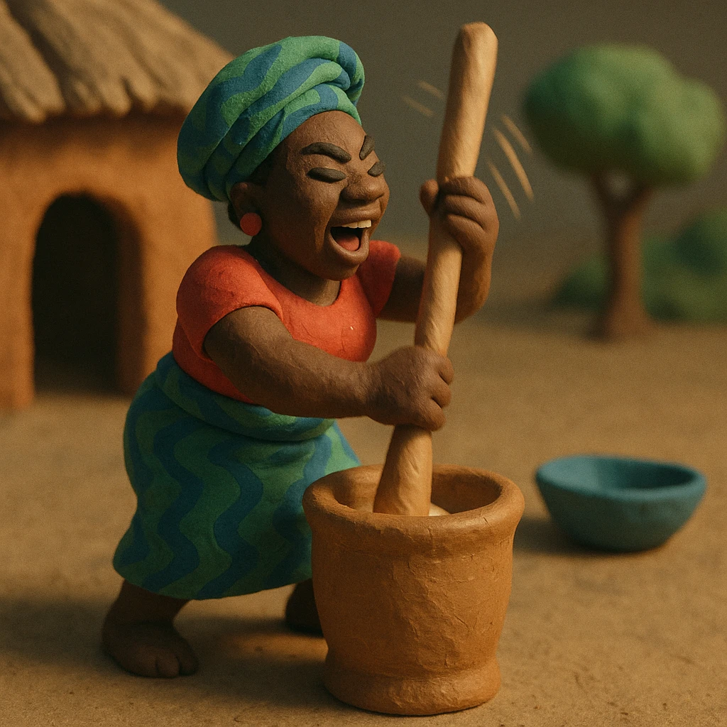 scene of Nigerian woman energetically pounding yam, visible motion, traditional clothing, handcrafted effect, claymation style emoji
